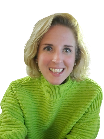 Upper body of a blond, Caucasian woman named Alaina wearing a lime green sweater and smiling