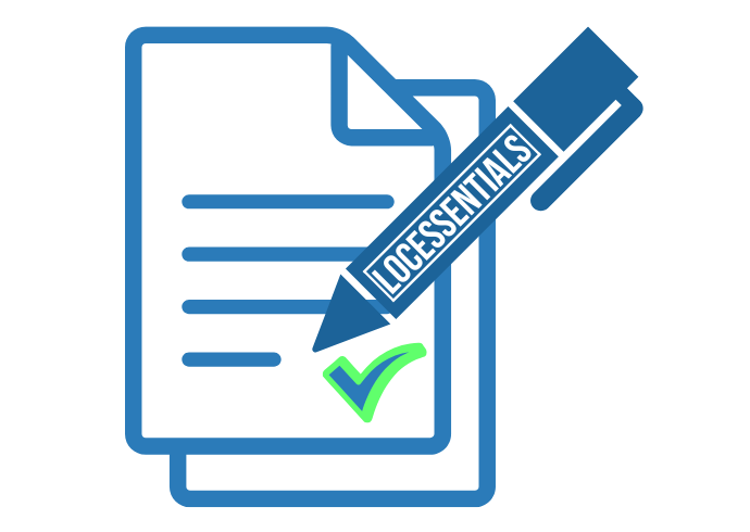 Two stacked documents with blue outlines and light blue text lines, a navy blue pen with LocEssentials in white lettering positioned diagonally across the front document, and a blue and green checkmark in the lower right corner on a white background