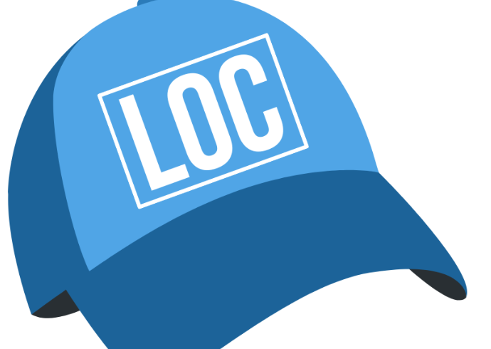 Two toned baseball cap in blue with the phrase Loc in white lettering enclosed in a white square on the crown tilted up on a white background