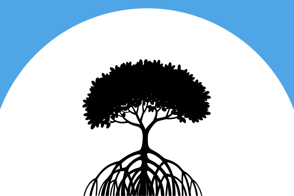 Mangrove tree and roots silhouette centered on a white circle with a light blue background